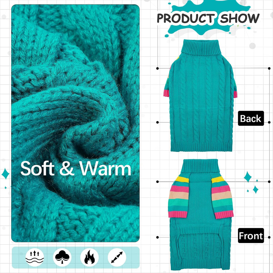 Small Dog Sweater, Turtleneck Pullover with Sleeves, Green S