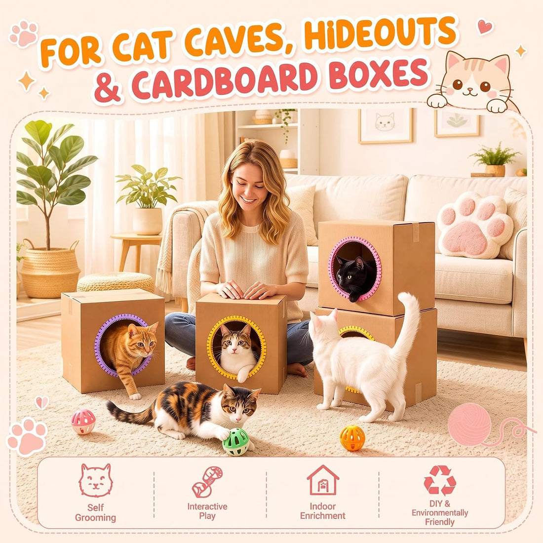 3 Pcs Cat Self Groomer Arch for Cardboard Boxes House