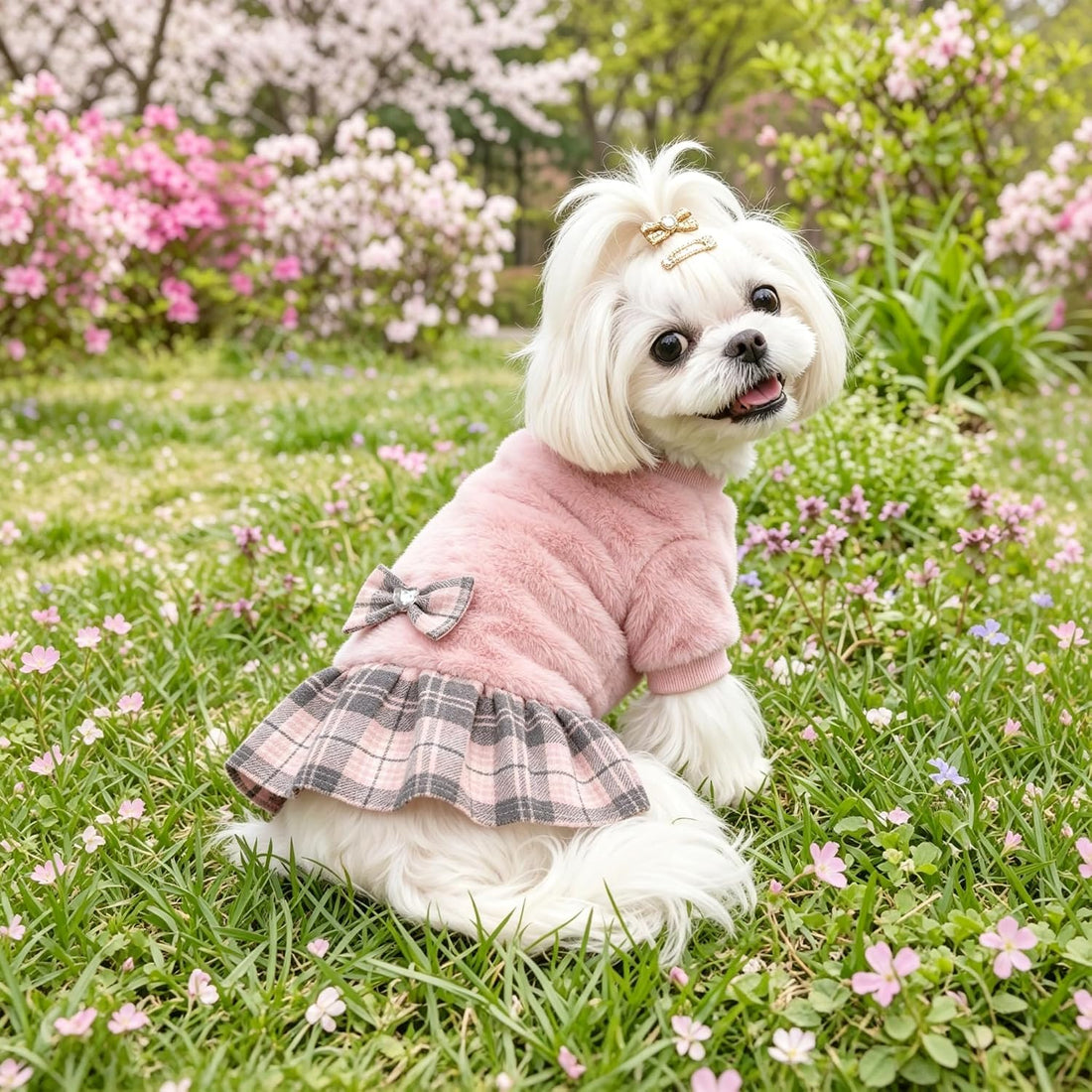 YUDODO Fleece Small Dog Sweater Dress with Bowtie