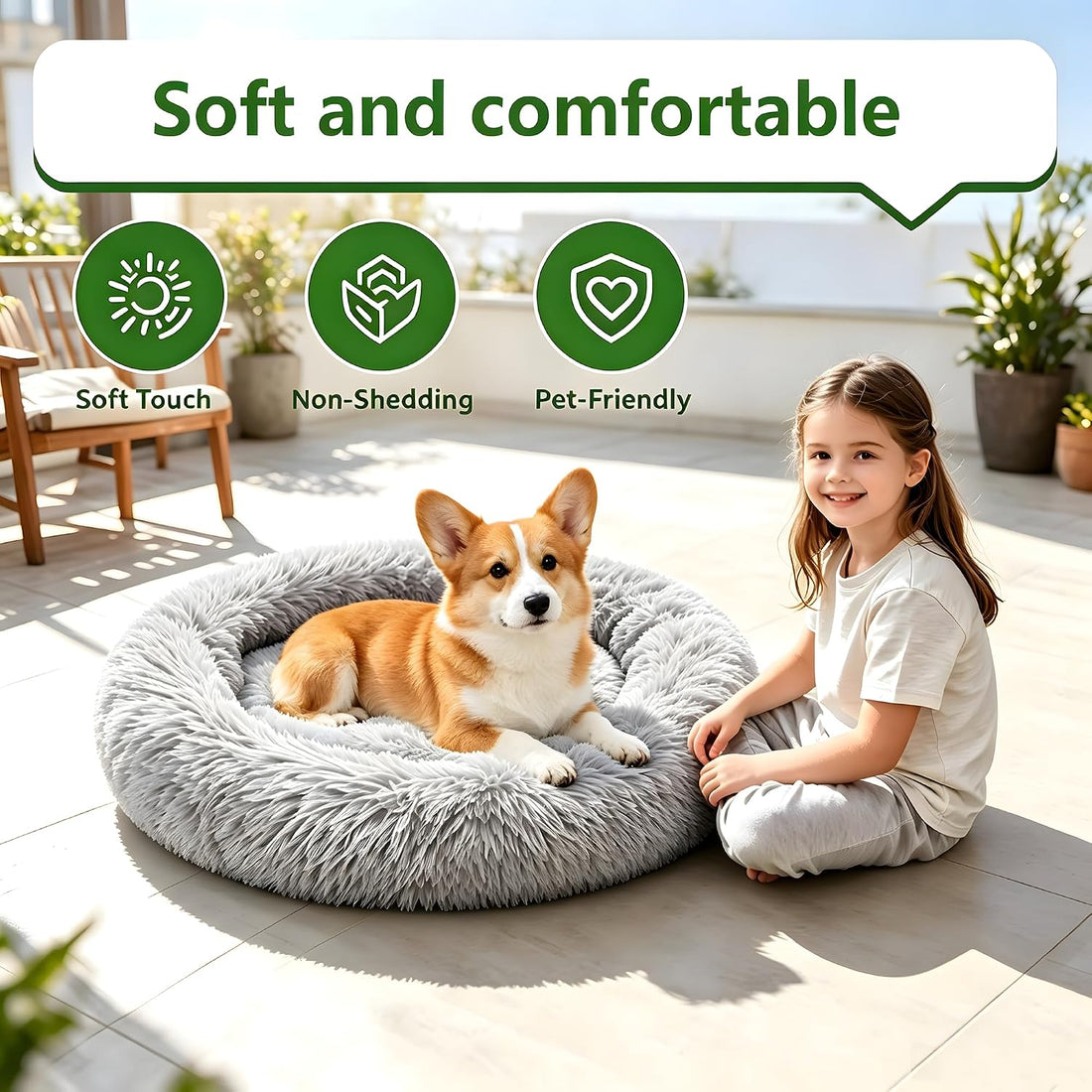 Round Donut Pet Bed 24in Soft Plush Calming Cushion with Non-Slip Base