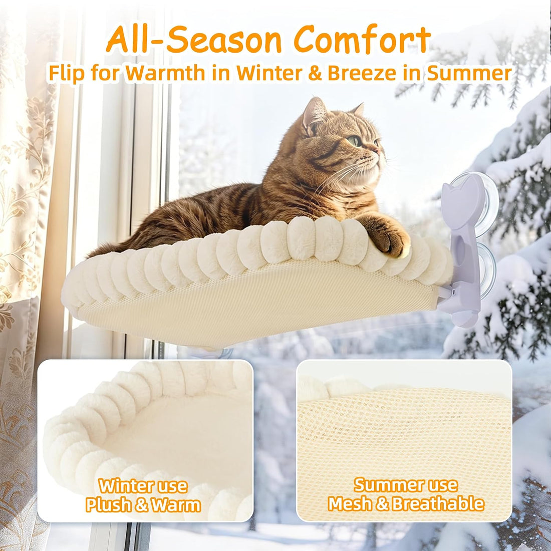 Cat Window Hammock - Beige Cordless Foldable Perch for All Cats