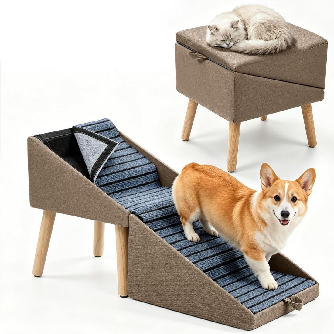 Step Stool Dog Ramp, Foldable 2-in-1 Ottoman Pet Stairs for Couch