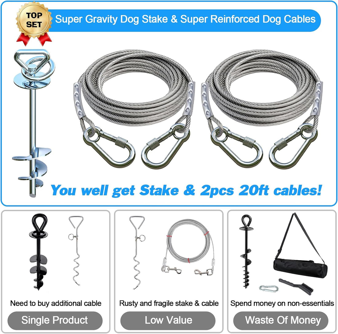 Dog Tie Out Cable and Stake for Camping,with 2x20FT Heavy Duty