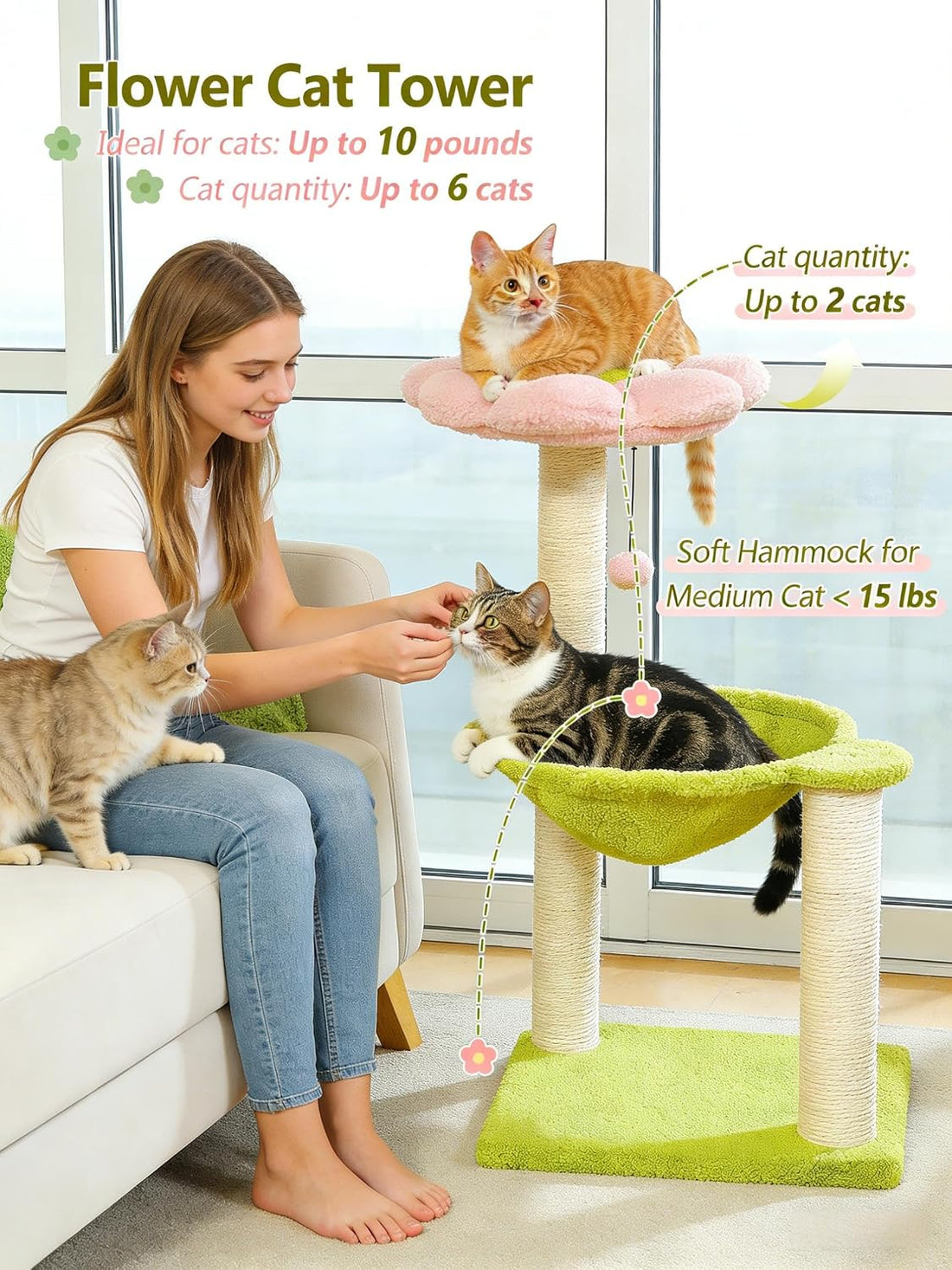 MUTTROS 28" Flower Cat Tree with Hammock & Sisal Post for Kittens