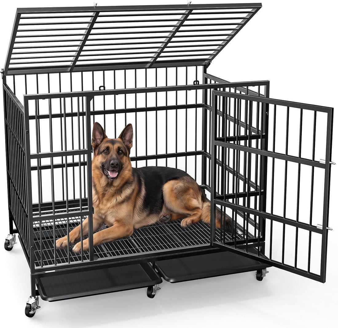 Powools 42 Inch Heavy-Duty Dog Crate Indestructible with Double Door
