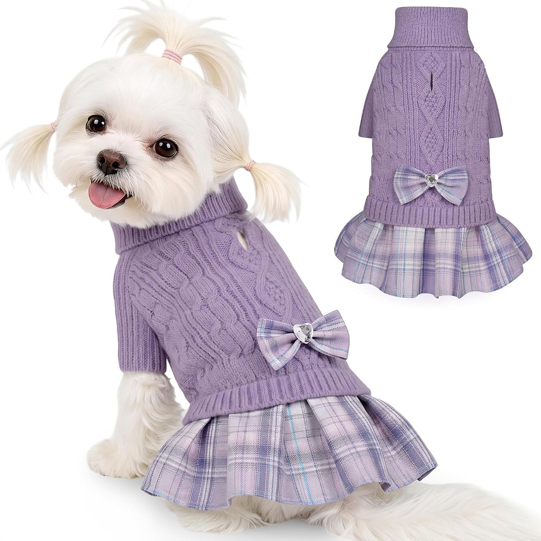 YUDODO Small Dog Sweater Dress with Bowtie Turtleneck Knitted Pet