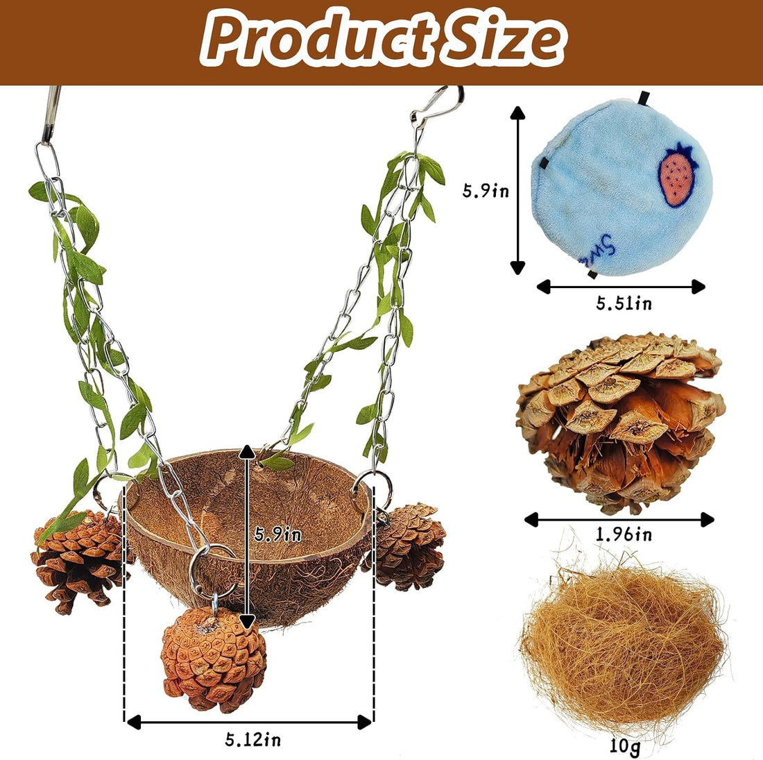 PINVNBY Natural Coconut Shell Bird Nest Suspended Parakeet Nest Bird