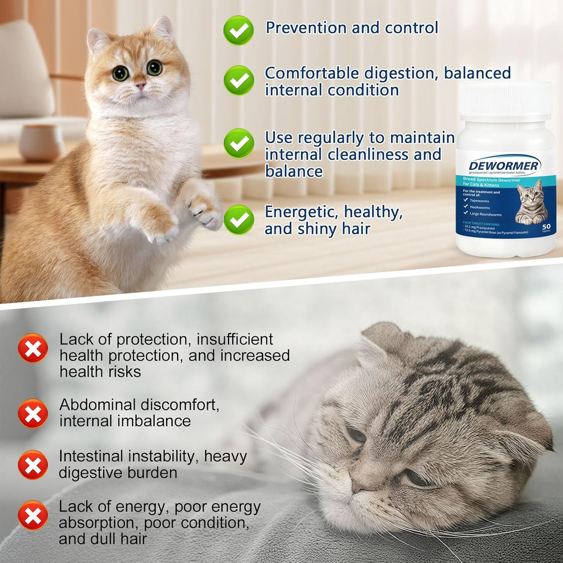 Cats and Kittens Broad-Spectrum Dewormer, 50 Tablets, for Tapeworms