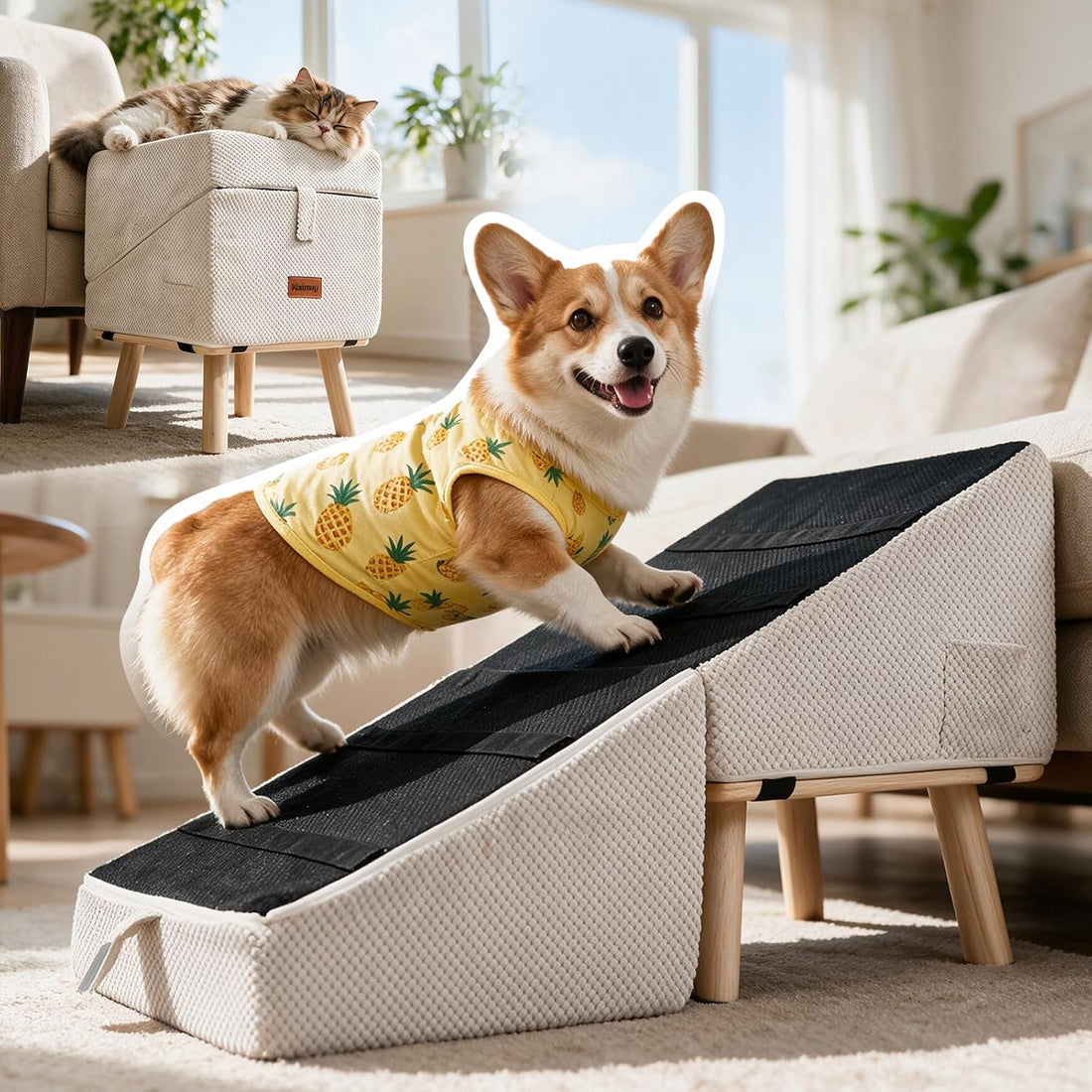Space-Saving Dog Ramp for Bed, 2-in-1 Ottoman for Small Dogs