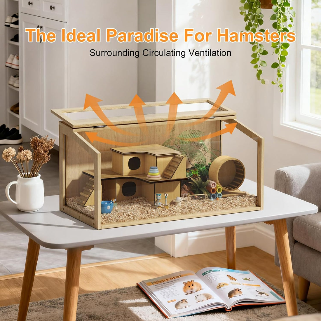 Hamster Cage: 24inch Wooden Small Animal Cage with Warm Light