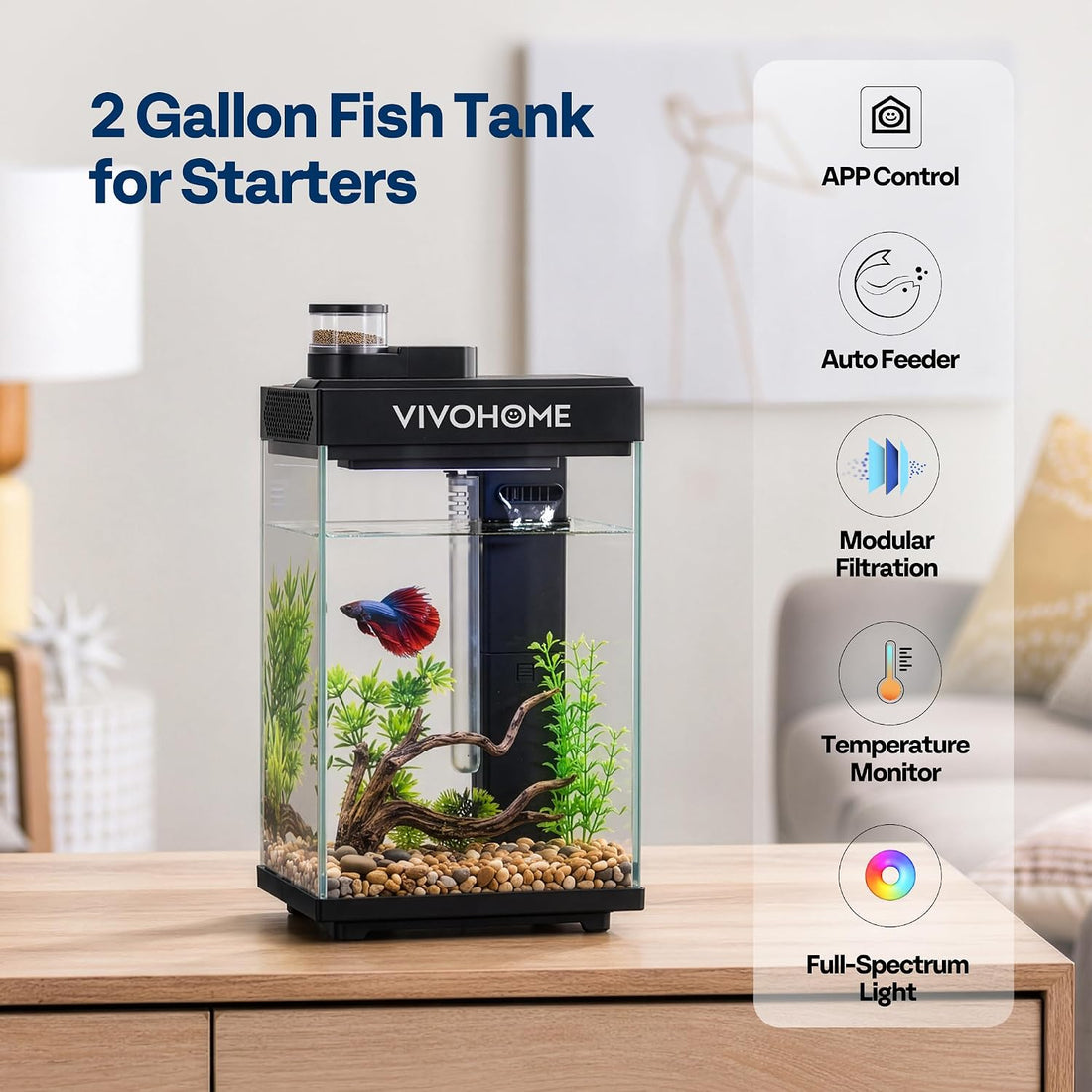 VIVOHOME 2 Gallon Smart Fish Tank with APP Control and Auto Feeder