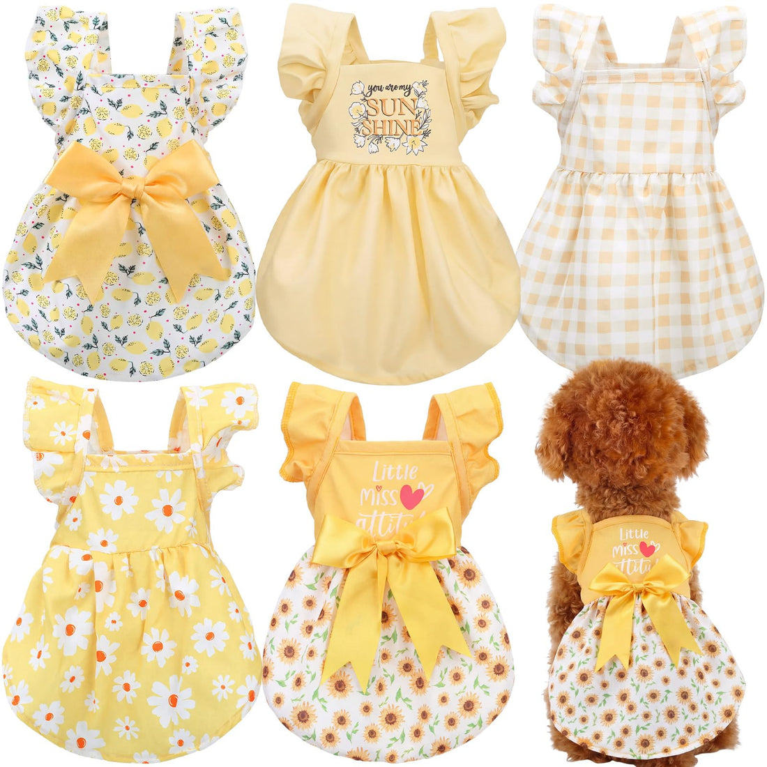 Abbylike 5 Pcs Dog Dress Floral Daisy Sunflowers Lemon Plaid Bowknot