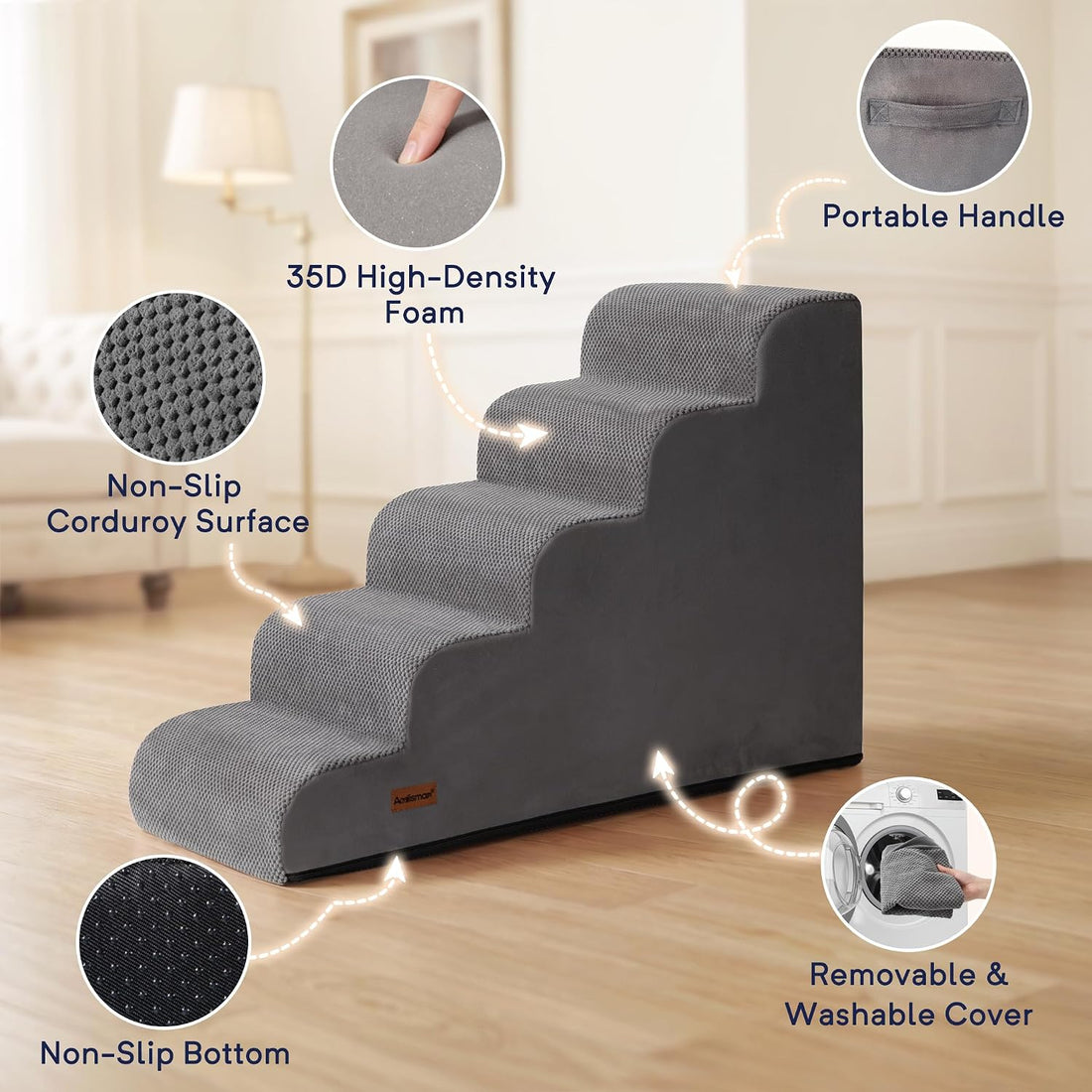 Dog Stairs for High Beds, 26" H 5-Step Pet Ramp for Small & Medium