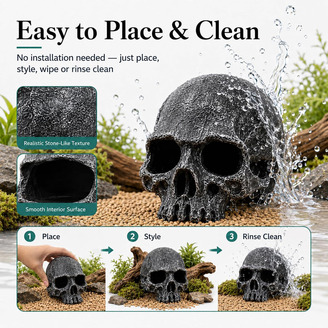Skull Fish Tank Decor, Gothic Aquarium Hide - Resin Reptile Cave