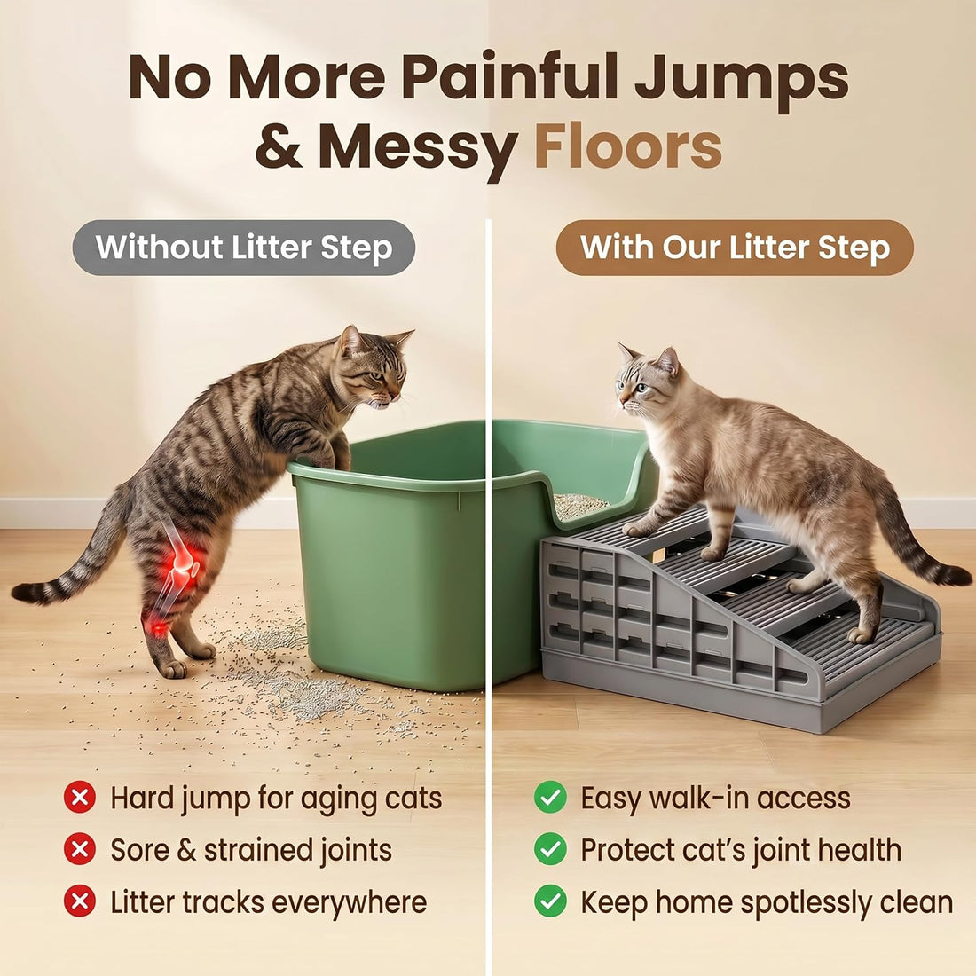 Litter Box Step for Senior Cats, Height Adjustable Cat Stairs