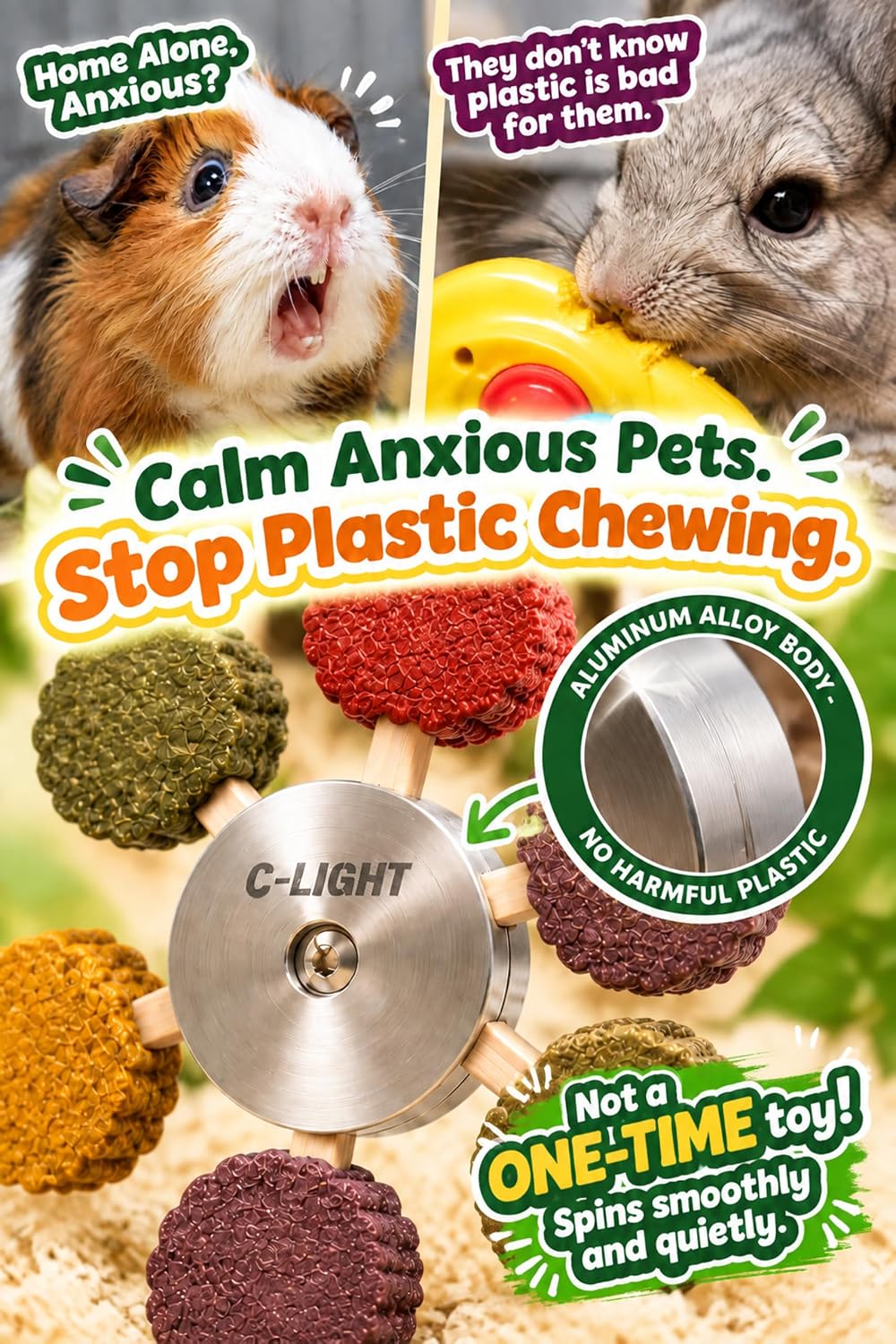 C-LIGHT Guinea Pig Chew Toys, Rotating Spinner + 8 Pcs Timothy