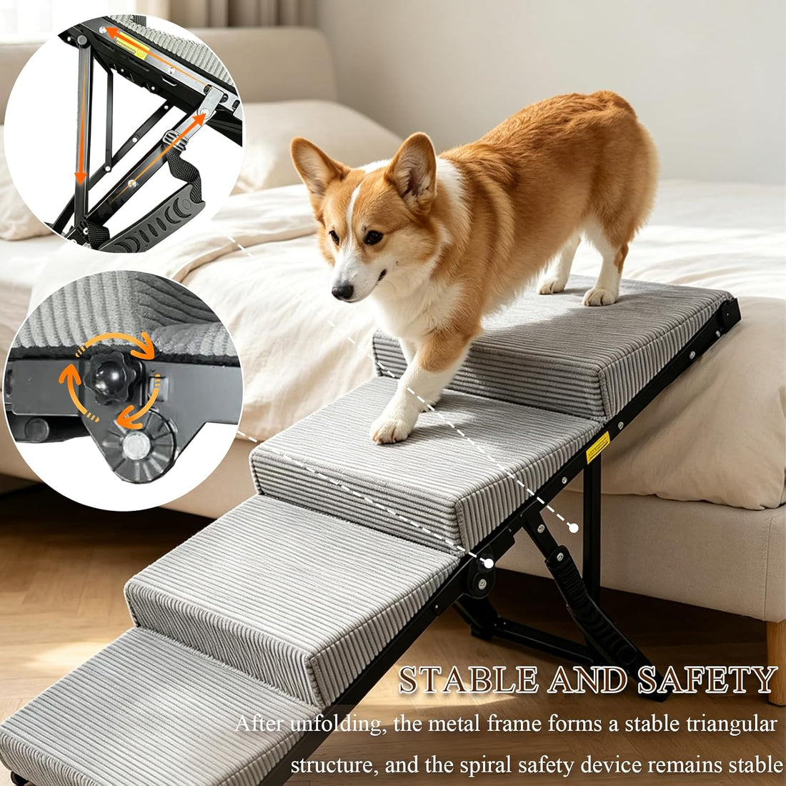 Adjustable Dog Ramp for Bed, 5-Level Pet Stairs 150 lbs Capacity