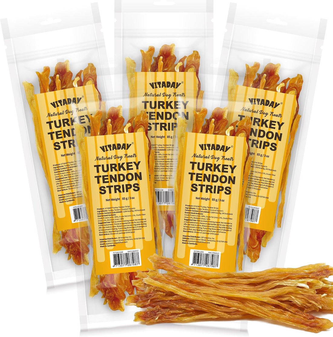 VITADAY Turkey Tendon for Dogs, USA-Sourced, Strips, 3 oz