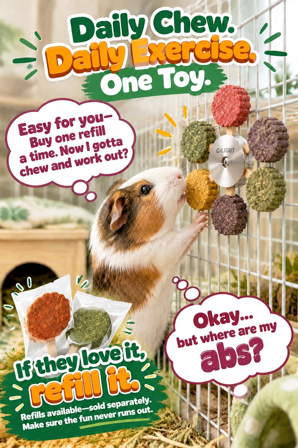 C-LIGHT Guinea Pig Chew Toys, Rotating Spinner + 8 Pcs Timothy