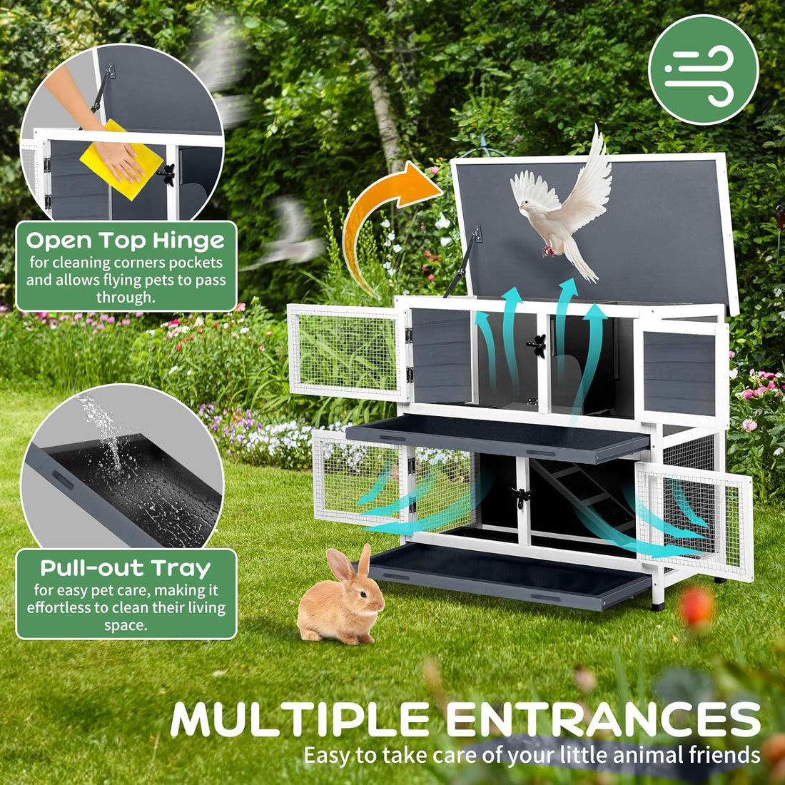 2 Story Solid Wood Rabbit/Bunny Hutch with 2 Large Main Rooms