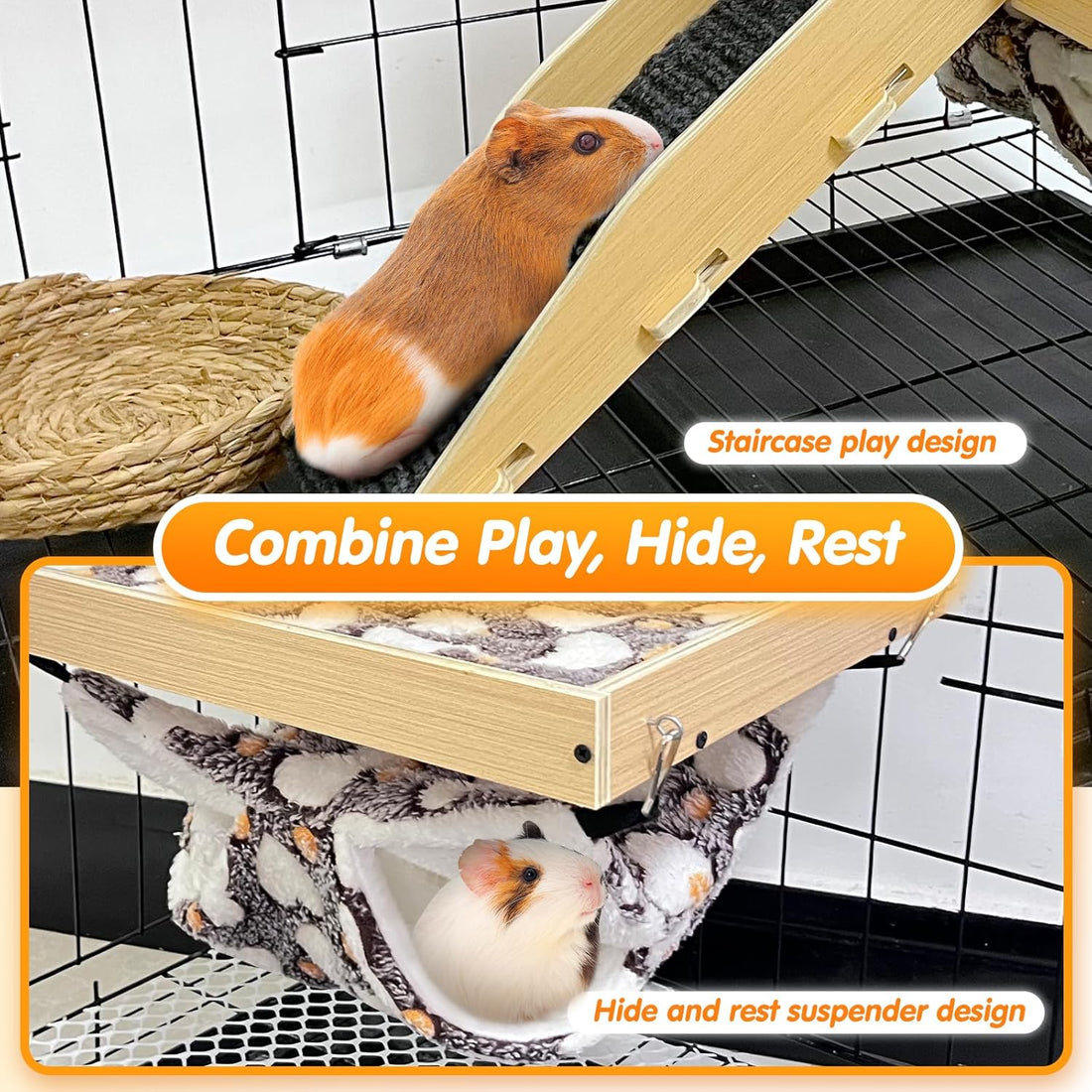Guinea Pig Hideout，Natural Wood Removable Guinea Pig Bed