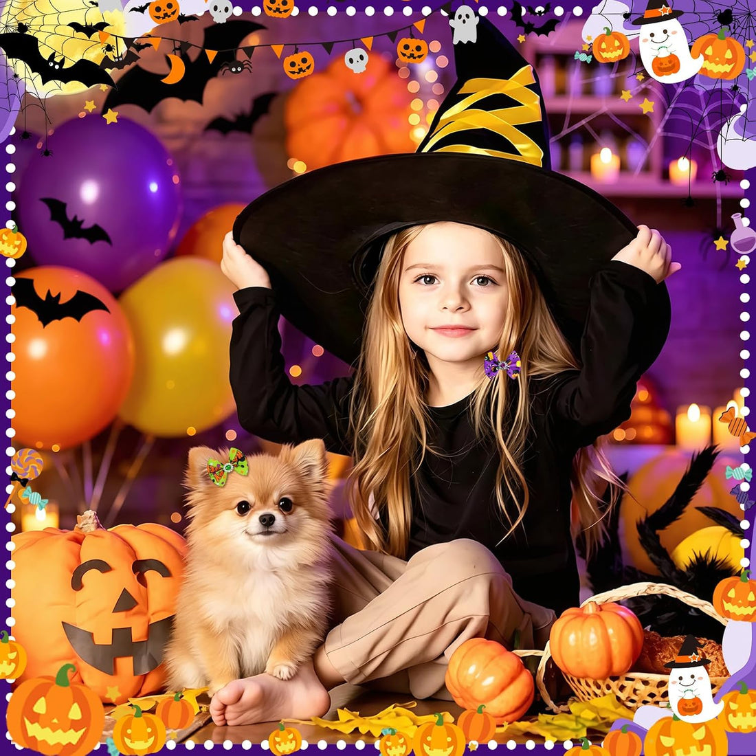 SUMMORO 68Pcs/34Pairs Halloween Dog Hair Bows with Rubber Bands
