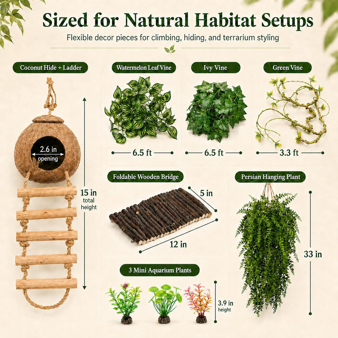 RUNANIA Crested Gecko Tank Accessories，Reptile Vines Plants