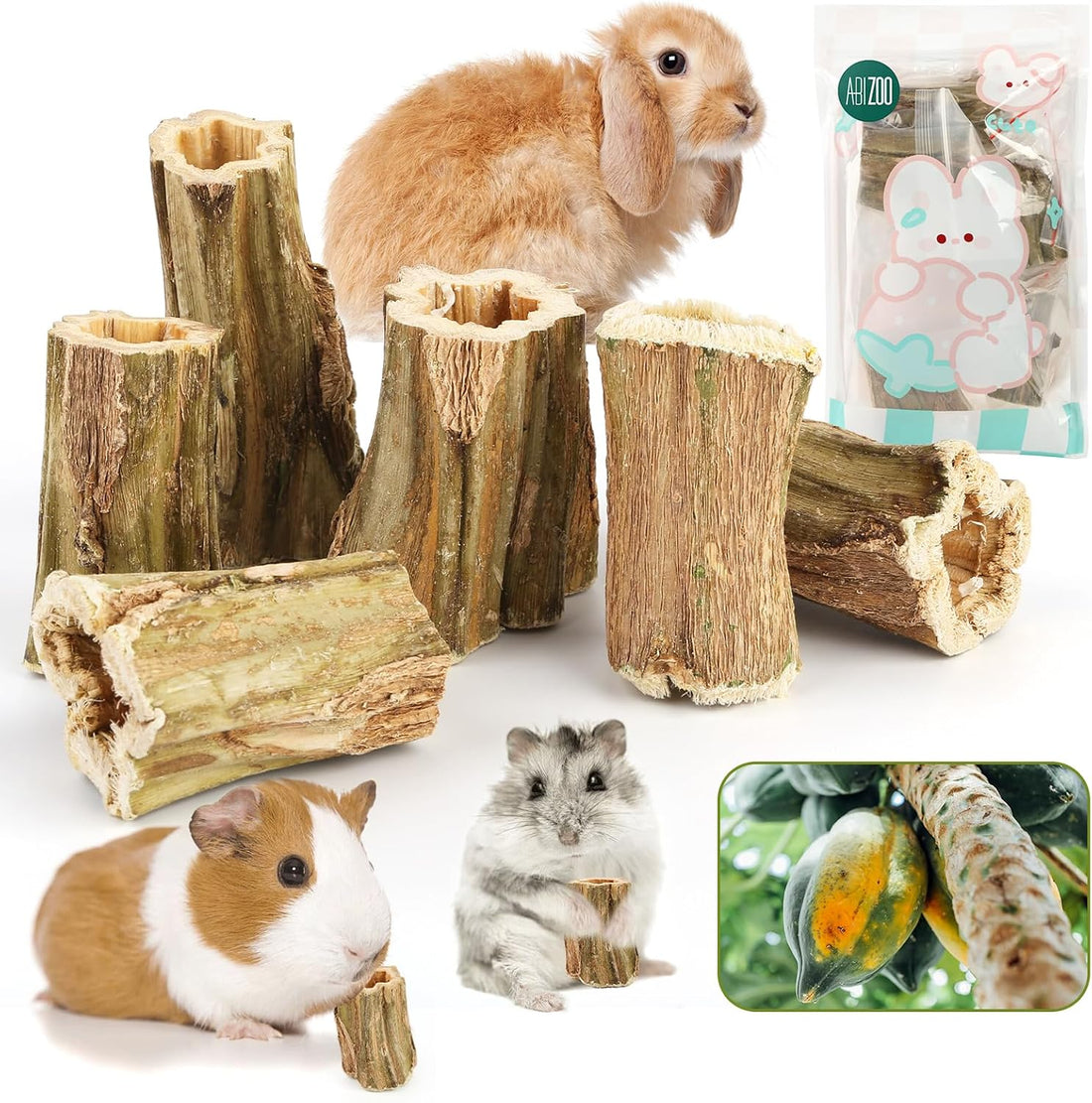Abizoo Natural Bunny Chew Toys,6 Pcs Organic Papaya Wood Sticks Chew