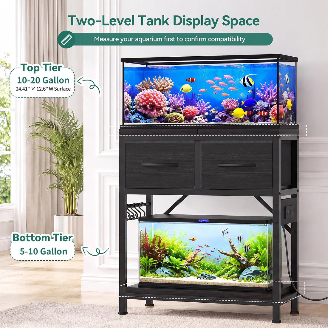 Heybly 10-20 Gallon Fish Tank Stand with Power Outlets & Storage