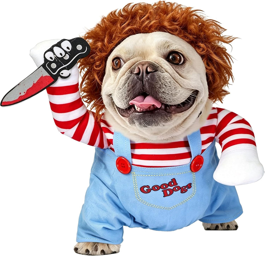 Dog Halloween Costumes, Funny Dog Killer Doll Costume with Wig