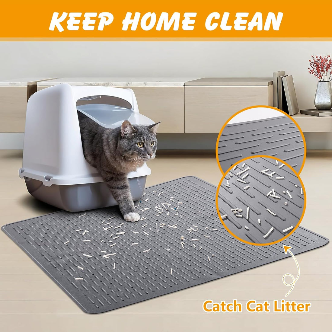 Silicone Cat Litter Mat, Waterproof, Raised Edge, 28 x 20 in, Gray