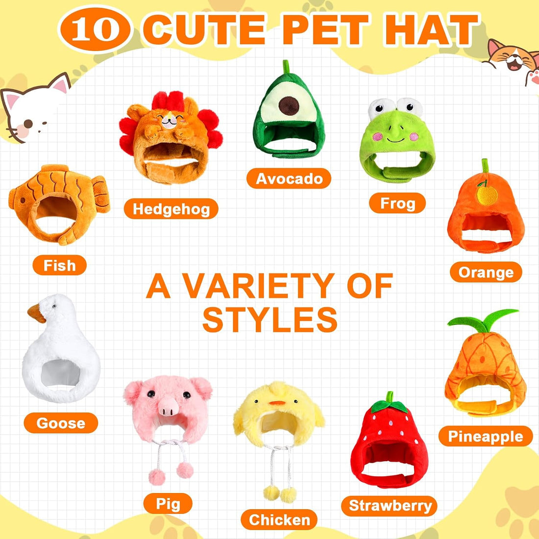 Reginary 10 Pcs Cat Hat Adjustable Animal Fruit Pet Headwear