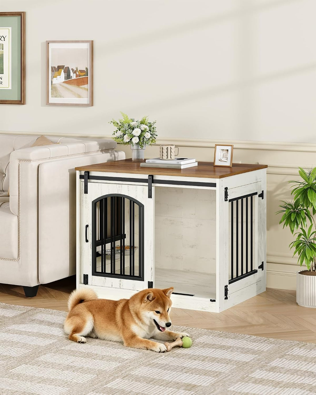 Hzuaneri 31.5 in Dog Crate Furniture Indoor Dog Kennel with 2 Feeding