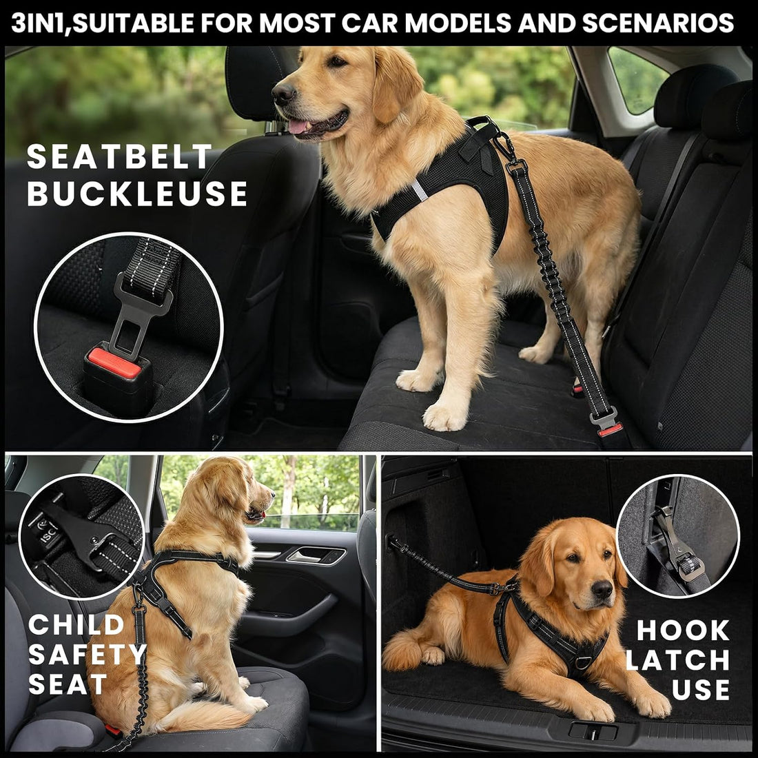 Dog Seat Belt for Car, 3-in-1 Adjustable Dog Seatbelt