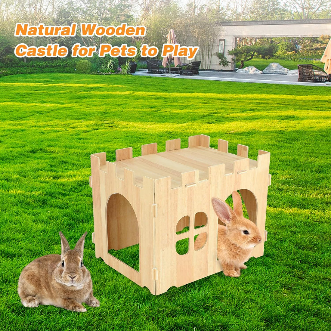 BWOGUE Large Wooden Bunny Hideout,Detachable Rabbit Castle for Small