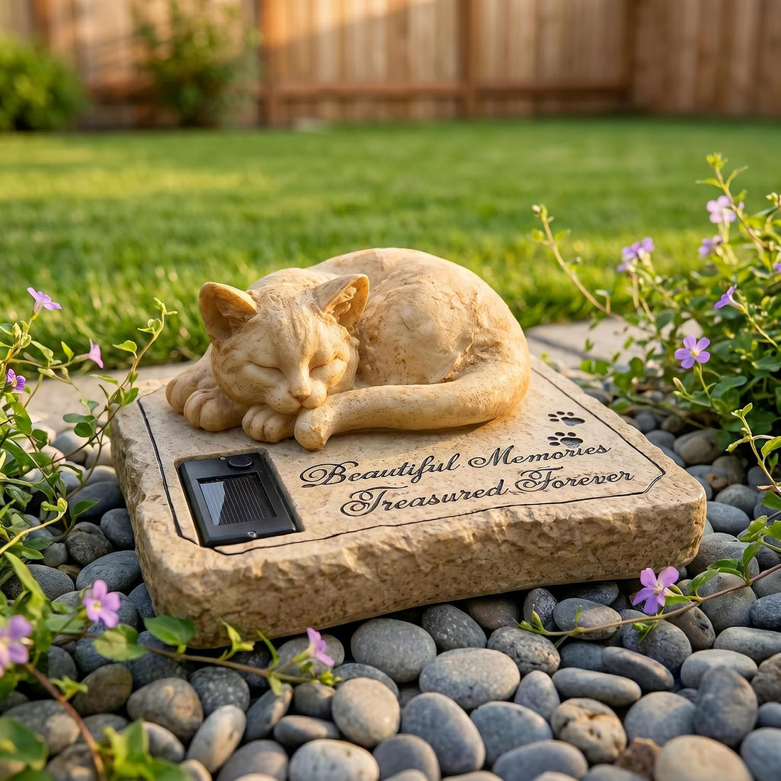 Solar Light Cat Memorial Garden Stones with A Sleeping Kitty Statue