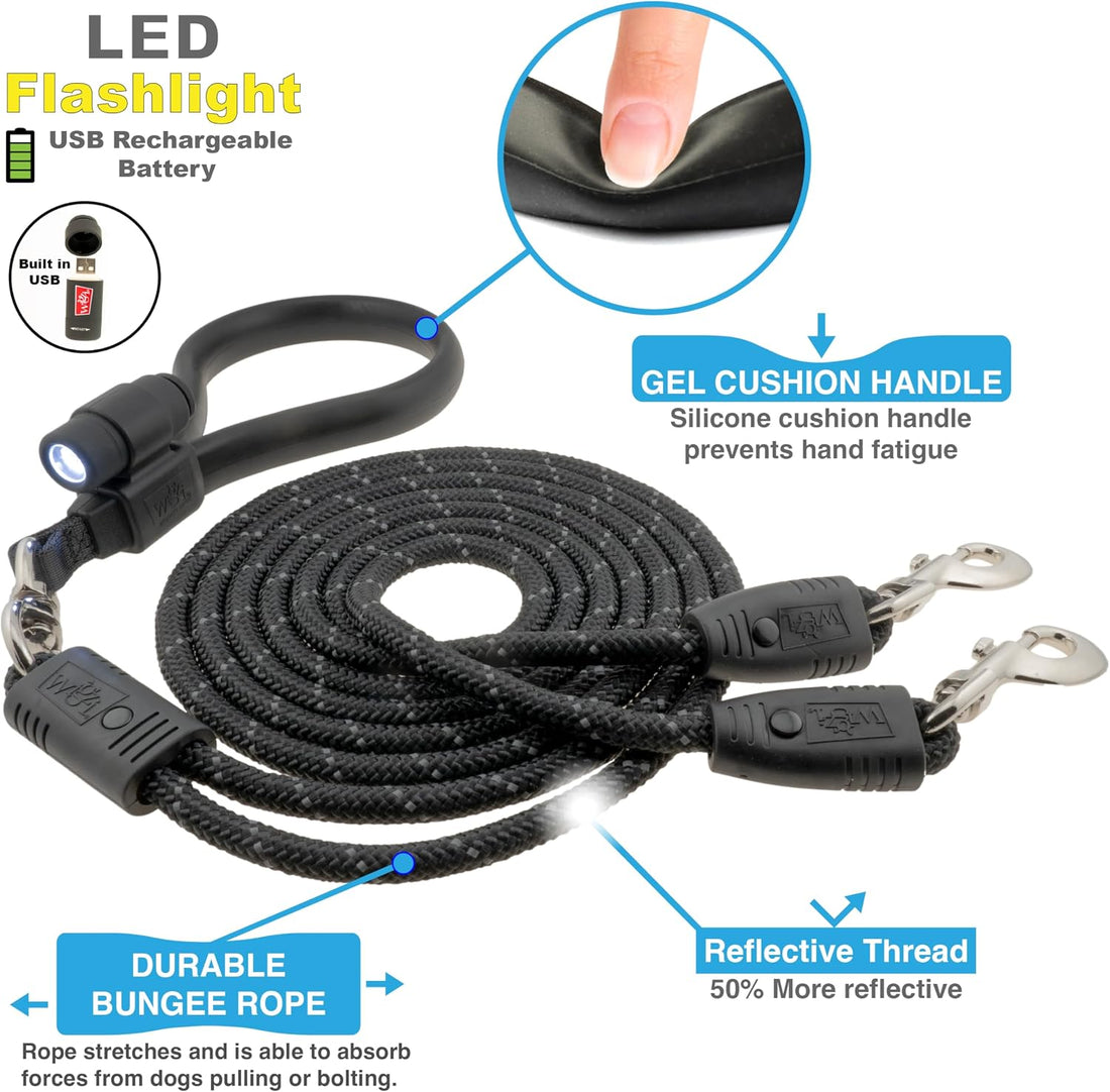 Wigzi - 2025 Edition -Dual Doggie Flex Walk with LED Two Dog Leash.