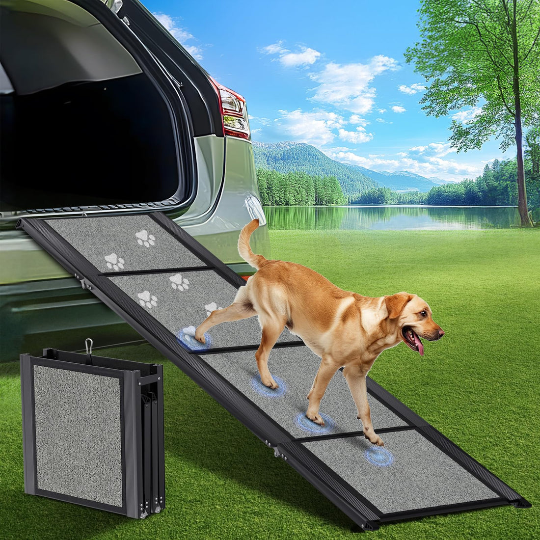 Dog Ramp for Car 𝟕𝟏”𝐱𝟐𝟎” Large Folding Pet Stair Ramps for Truck, SUV