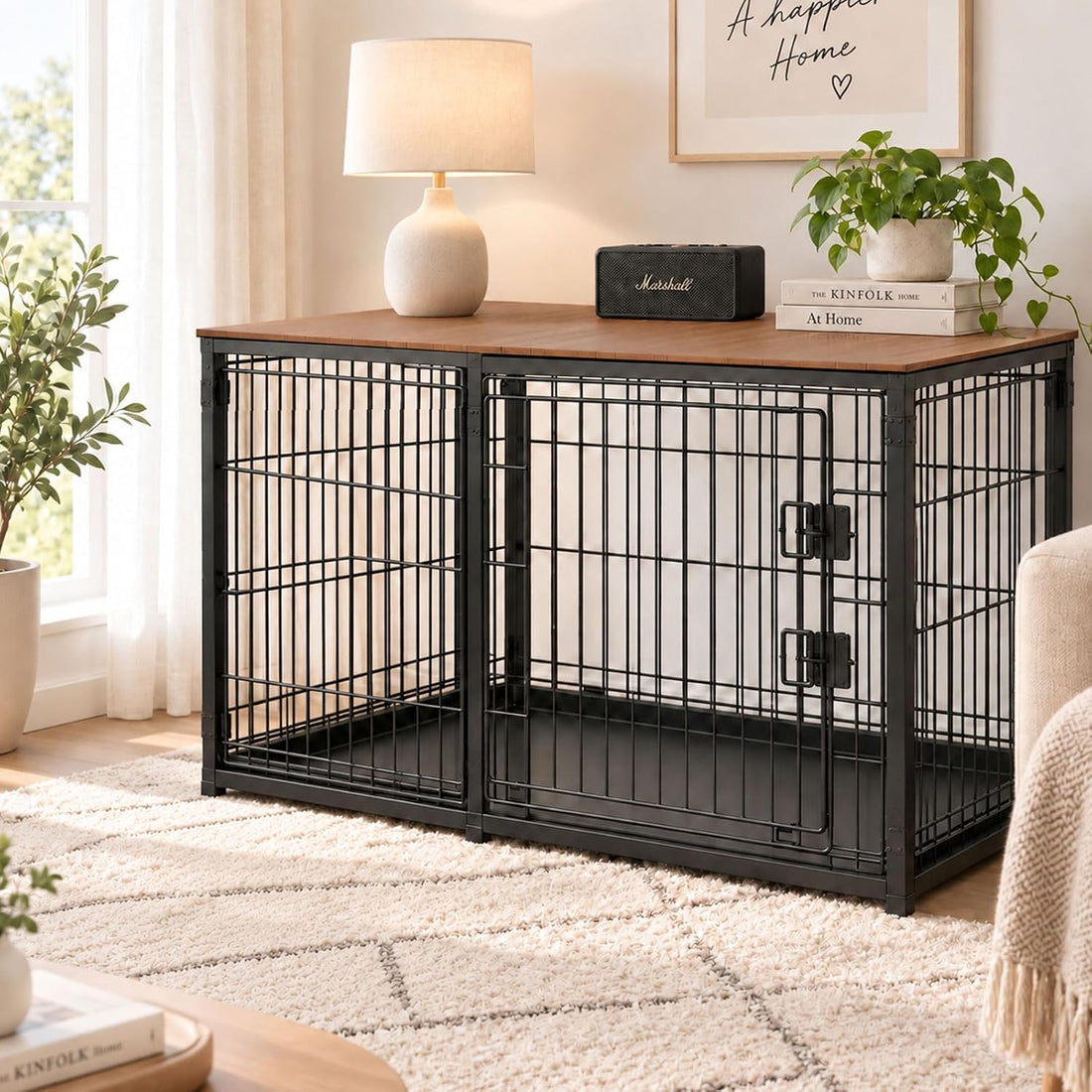 Bamboo Dog Crate Topper 42 Inch, Non-Slip Wooden Crate Table Top Shell
