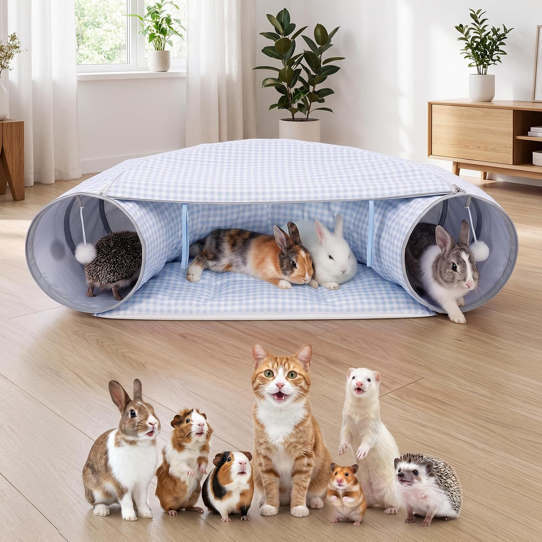 Bunny Tunnel Bed, 2-in-1 Collapsible Rabbit Guinea Pig Hideout