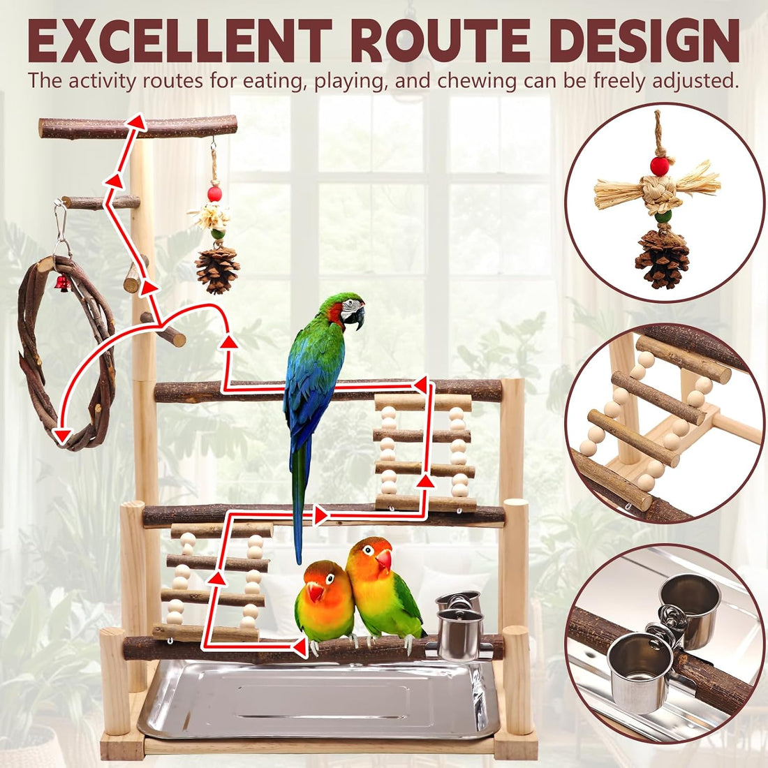 Bird Playground, Natural Wooden Parrot Stand Suitable for Small