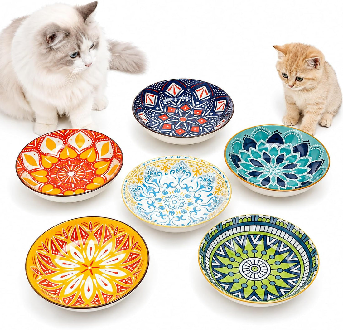 Ceramic Cat Bowls Set of 6 - Colorful Cute Shallow Cat Dishes