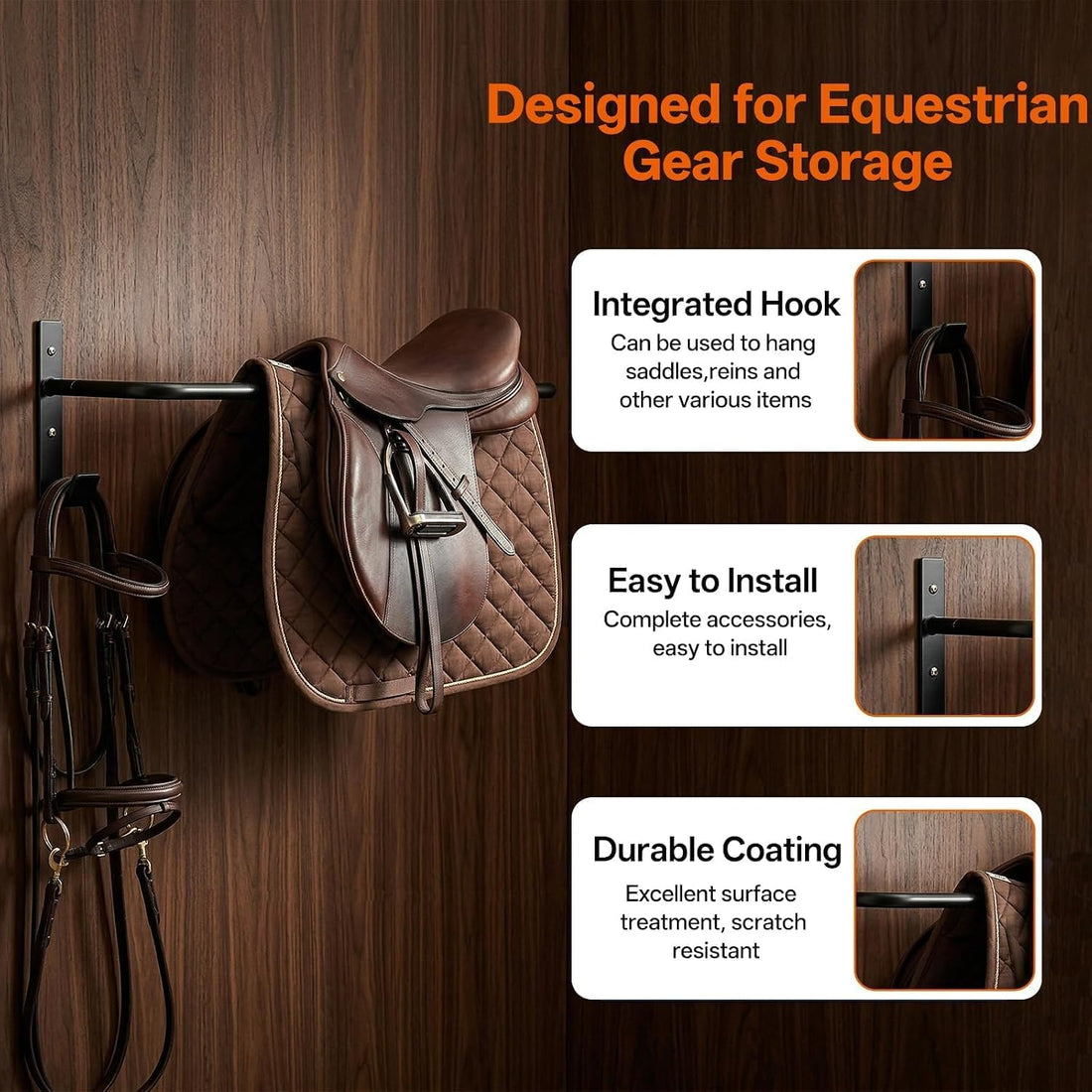 4 Pack Horse Blanket Rack, 34 Inch Wall Mounted Bar with Bridle Hooks