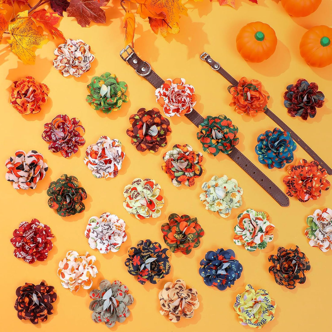 Sanwuta 30 Pcs Fall Pet Collar Flowers Bow Slide Attachments, Pumpkin