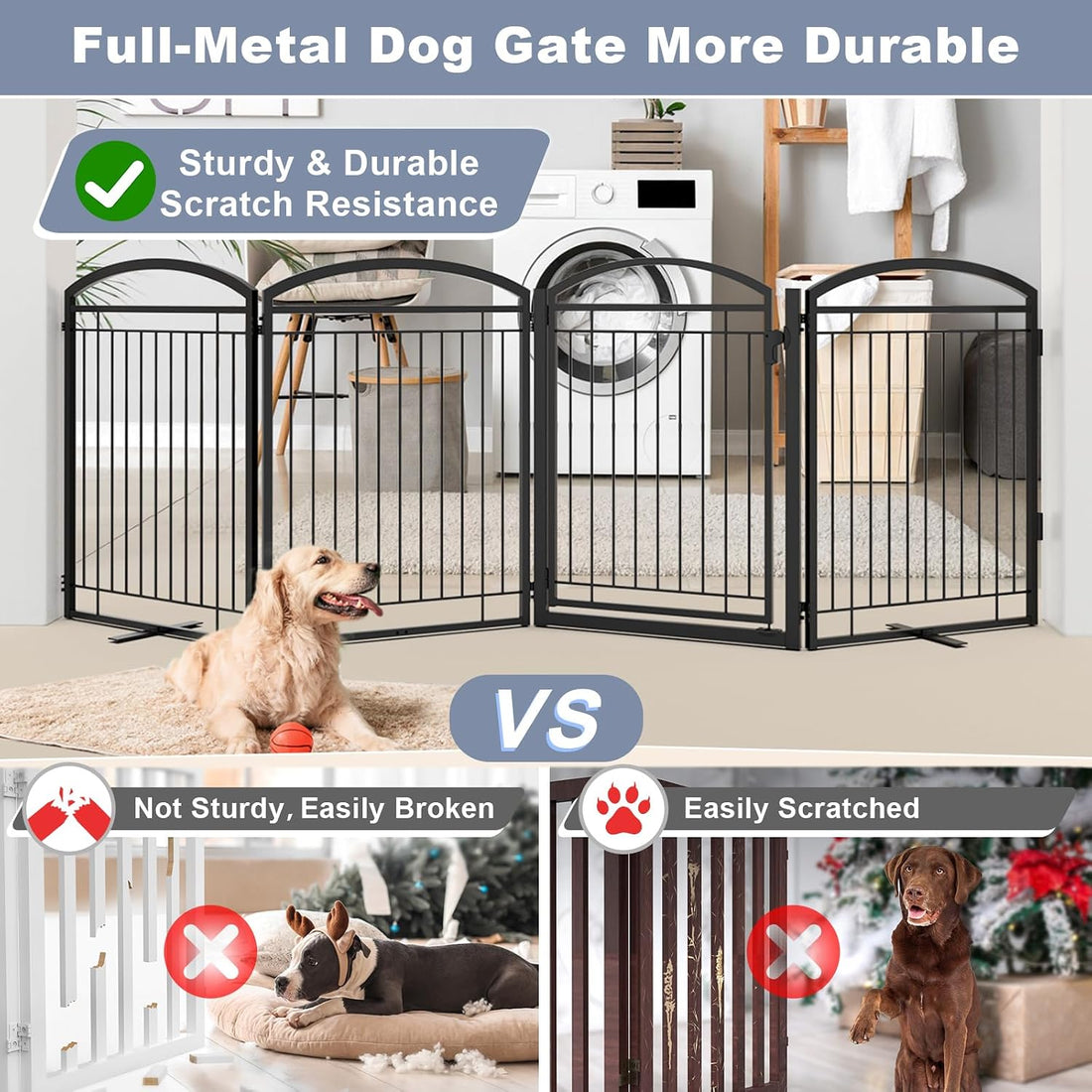 Paulmele Full Metal Free Standing Dog Gate with Door for Indoor