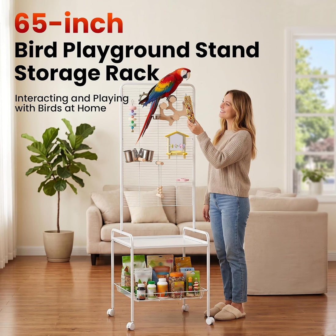 65-inch Large Bird Playstand,Parrot Cage Perch Stand with Wheels