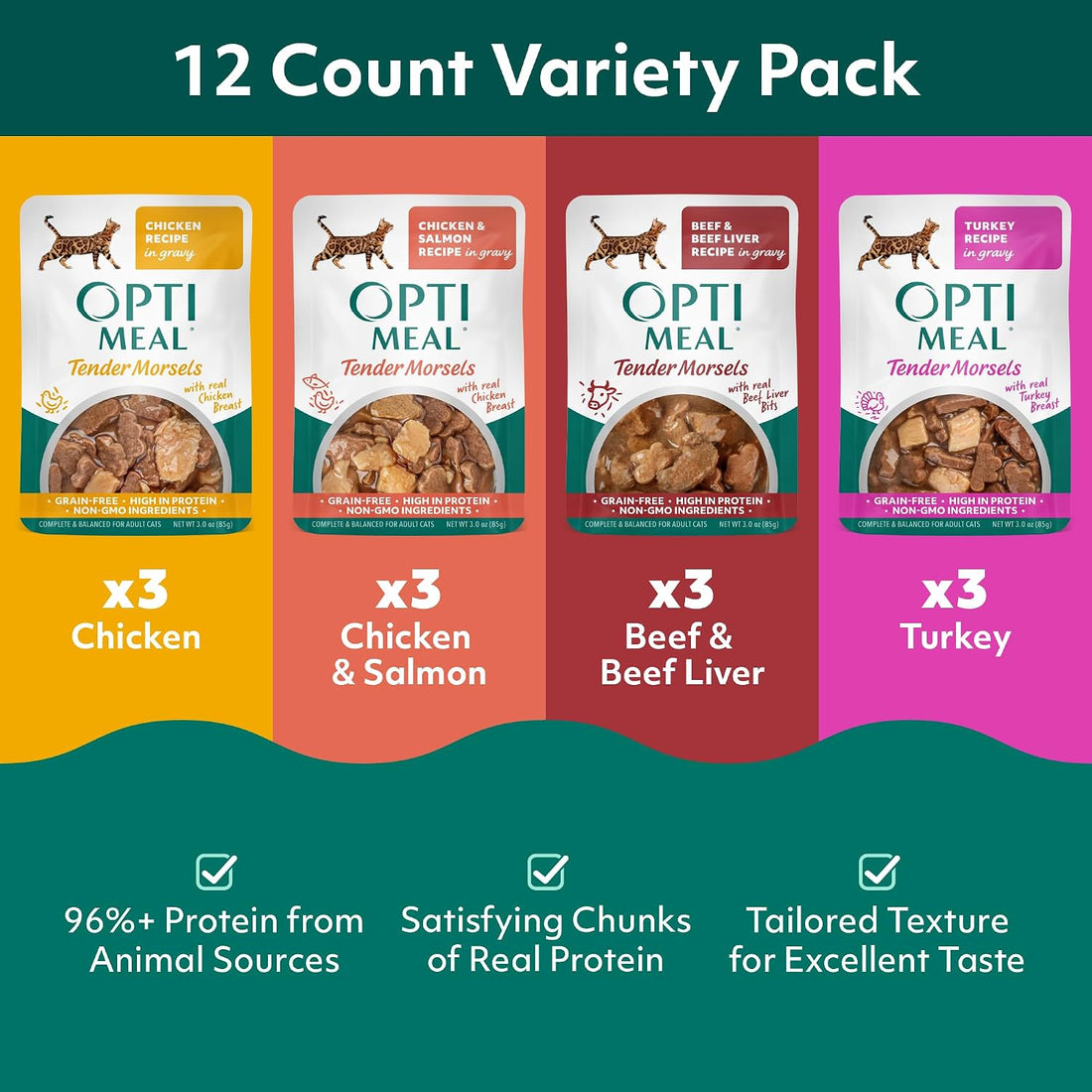 Wet Cat Food, Savory Protein Selection, Grain Free Morsels, 3oz