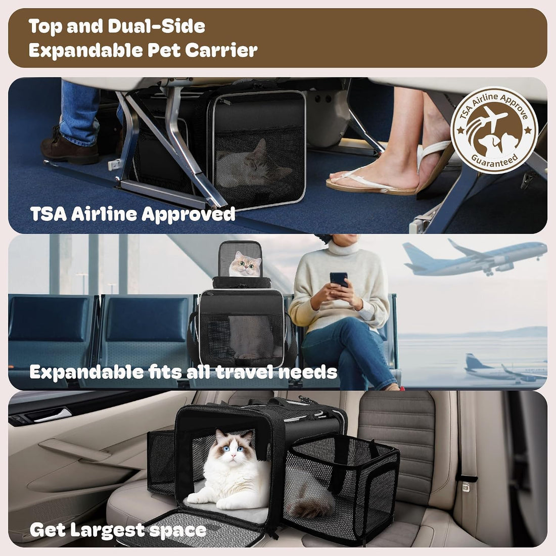 Top and 2 Sides Expandable Cat Carrier 18x11x11 TSA Airline Approved