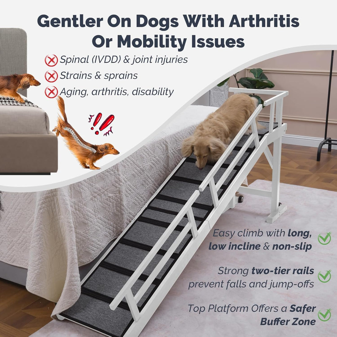 Dog Ramp for Bed or Couch, Wooden Pet Ramp with 20° Gentle Slope