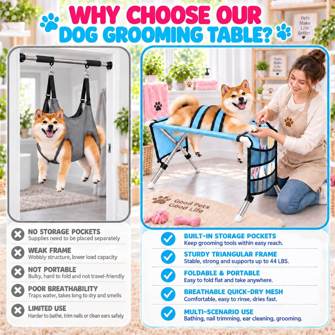 Dog Grooming Hammock with Stand, Foldable Pet Bathing Hammock for Cats